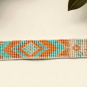 Handwoven Seed Bead Loom  Bracelet-Turquoise, Cream & Pumpkin Geometric Beaded Loom Bracelet