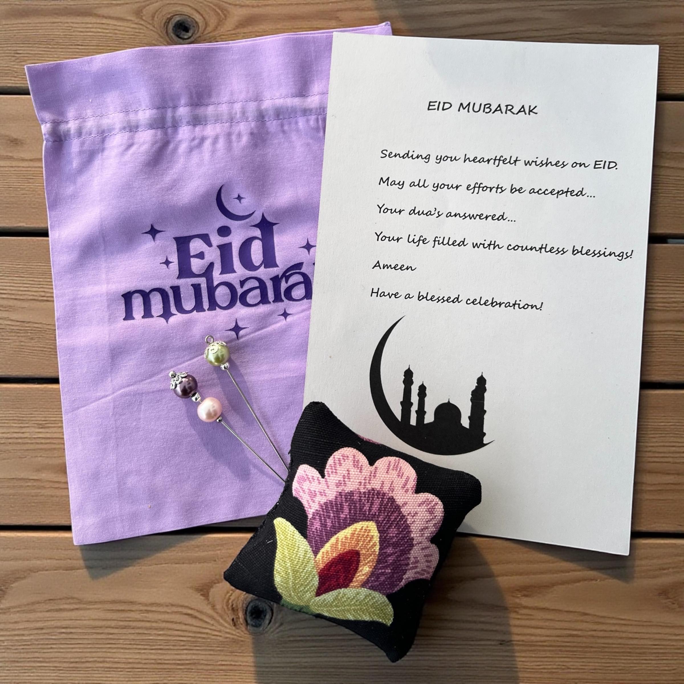 Handmade Floral Hijab Pin Cushion Set: Eid Gift with Pins & Card
