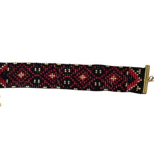 Handcrafted Red, Black and Gold Seed Bead Loom Bracelet