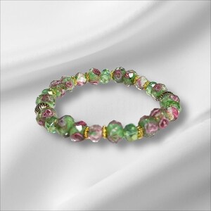 Pink and Green Rose Faceted Glass Beaded Stretch Bracelet