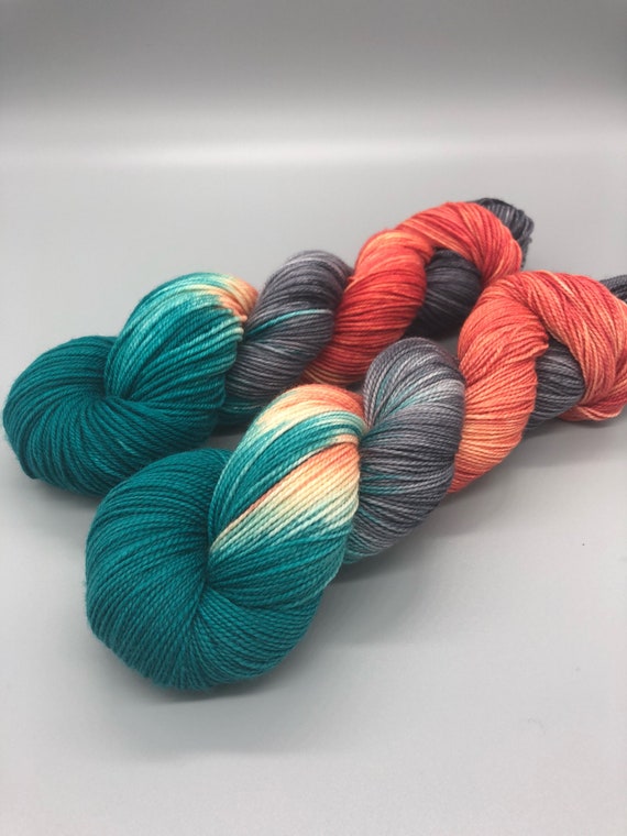 Hand Dyed Yarn, Superwash Merino wool, Teal, Peach, Grey, Fingering Weight, Sport, DK, Worsted Weight - Shark Island