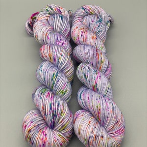 Hand Dyed Yarn, Superwash Merino wool, Purple base , Rainbow Speckles, Fingering Weight, Sport, DK, Worsted Weight Lavender Lights image 2