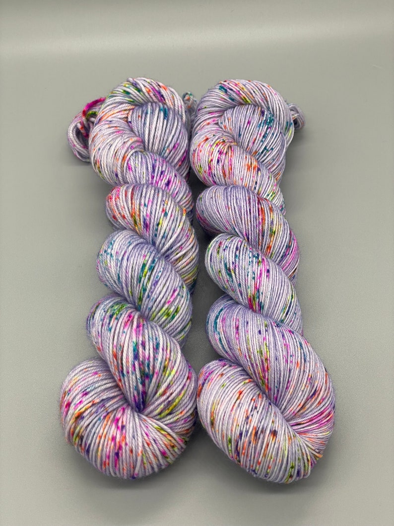 Hand Dyed Yarn, Superwash Merino wool, Purple base , Rainbow Speckles, Fingering Weight, Sport, DK, Worsted Weight Lavender Lights image 2