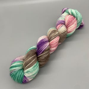 Hand Dyed Yarn, 100% Superwash Merino Wool, DK weight, Pink, Brown, Aqua, White, Purple - 231yd