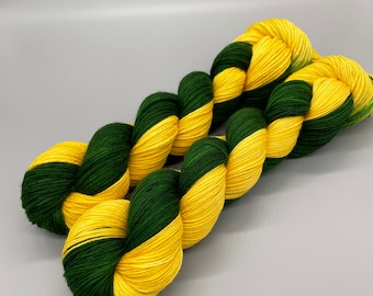 Hand Dyed Yarn, Superwash Merino wool, Green, Yellow-Gold, Fingering Weight, Sport, DK, Worsted Weight - Go Pack Go