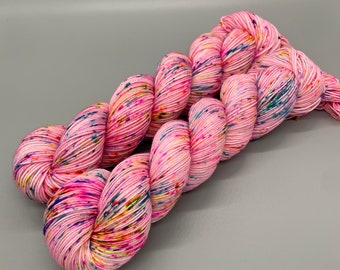 Hand Dyed Yarn, Superwash Merino wool, Light Pink base, Rainbow Speckles, Fingering Weight, Sport, DK, Worsted Weight - Cotton Candy