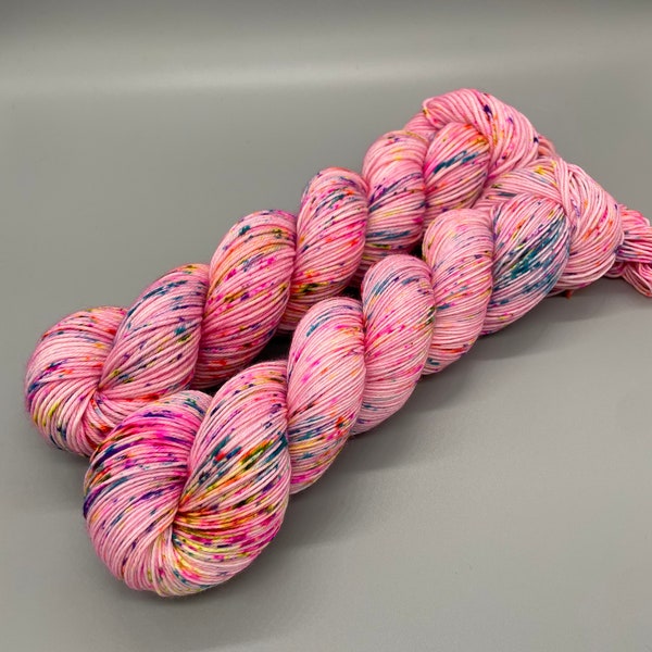Hand Dyed Yarn, Superwash Merino wool, Light Pink base, Rainbow Speckles, Fingering Weight, Sport, DK, Worsted Weight - Cotton Candy