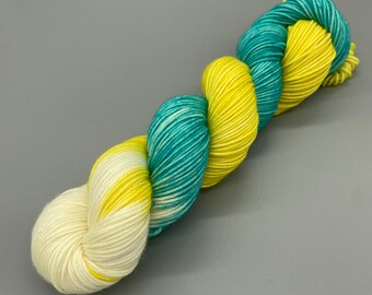 Hand Dyed Yarn, 100% Superwash Merino Wool, DK Weight, Yellow, Aqua, White - 231yds per skein - Sailing Away