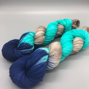 Hand Dyed Yarn, Superwash Merino wool, Blue, Aqua, Tan, Fingering Weight, Sport, DK, Worsted Weight - Blue Bellied Roller