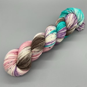 Hand Dyed Yarn, 100% Superwash Merino Wool, DK weight, Pink, Brown, Aqua, White, Purple - 231yd