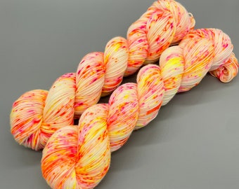 Hand Dyed Yarn, Superwash Merino wool, Fluorescent Speckled Yarn, Pink, Orange, Yellow, Fingering Weight, Sport, DK, Worsted - Fruity Ninja