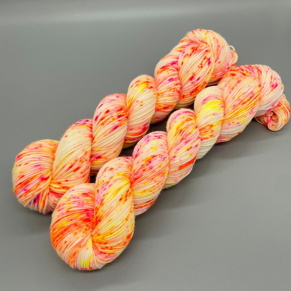 Hand Dyed Yarn, Superwash Merino wool, Fluorescent Speckled Yarn, Pink, Orange, Yellow, Fingering Weight, Sport, DK, Worsted - Fruity Ninja