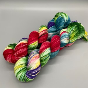 Hand Dyed Yarn, Superwash Merino wool, Red, Purple, Blue, Green, Yellow, Speckle, Fingering Weight, Sport, DK, Worsted - Tropical Garden