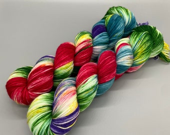 Hand Dyed Yarn, Superwash Merino wool, Red, Purple, Blue, Green, Yellow, Speckle, Fingering Weight, Sport, DK, Worsted - Tropical Garden