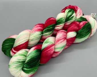 Hand Dyed Yarn, Superwash Merino wool, Red, Green, White, Variegated Yarn, Fingering Weight, Sport, DK, Worsted  - Ho Ho Ho!!!