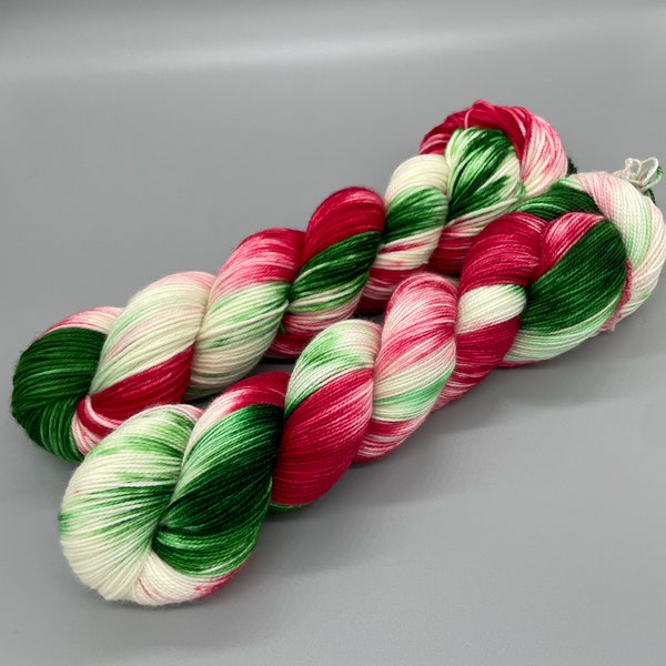 Hand Dyed Yarn, Superwash Merino wool, Red, Green, White, Variegated Yarn, Fingering Weight, Sport, DK, Worsted  - Ho Ho Ho!!!