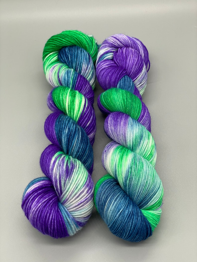 Hand Dyed Yarn, Superwash Merino wool, Purple, Green, Blue, White, Variegated Yarn, Fingering Weight, Sport, DK, Worsted Northern Lights image 3
