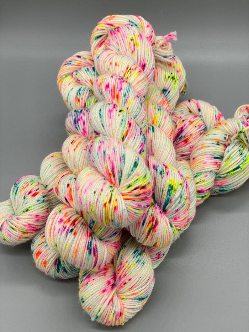 Hand Dyed Yarn, Superwash Merino wool, Fluorescent Speckled Yarn, Fingering Weight, Sport, DK, Worsted Weight Neon Lights image 2