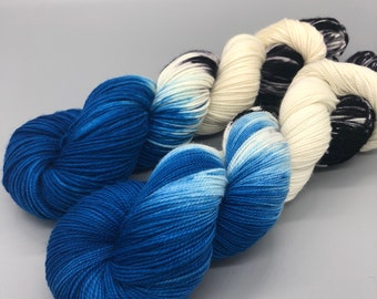 Hand Dyed Yarn, Superwash Merino wool, Blue, Black, White, Fingering Weight, Sport, DK, Worsted Weight - Blue Jay