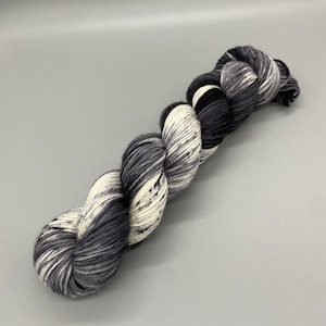 Hand Dyed Yarn, 100% Superwash Merino Wool, DK Weight, Black, Gray, White, Speckles - 231yds per skein - Midnight Moon