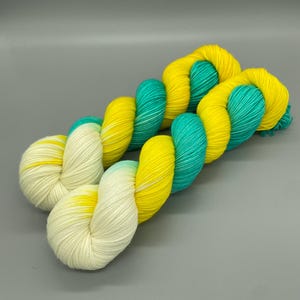 Hand Dyed Yarn, Superwash Merino wool, Aqua, White, Yellow, Fingering Weight, DK, Sport, Worsted Weight - Sailing Away