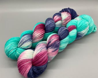 Hand Dyed Yarn, Superwash Merino wool, Aqua, Navy, Pink, White, Variegated Yarn, Fingering Weight, Sport, DK, Worsted - Winter Wonderland