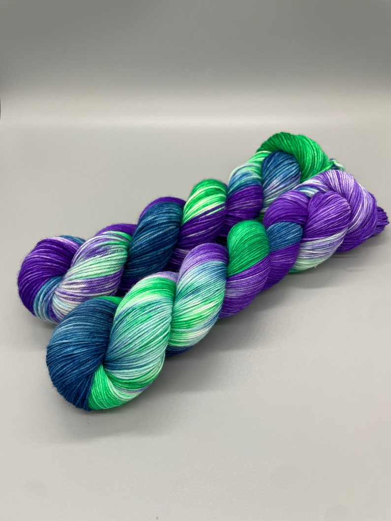 Hand Dyed Yarn, Superwash Merino wool, Purple, Green, Blue, White, Variegated Yarn, Fingering Weight, Sport, DK, Worsted Northern Lights image 1