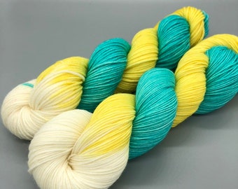 Hand Dyed Yarn, Superwash Merino wool, Aqua, White, Yellow, Fingering Weight, DK, Sport, Worsted Weight - Sailing Away