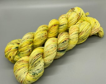 Hand Dyed Yarn, Superwash Merino wool, Yellow, White, Green, Brown, Orange, Speckled Fingering , Sport, DK, Worsted Weight- Mango Salsa