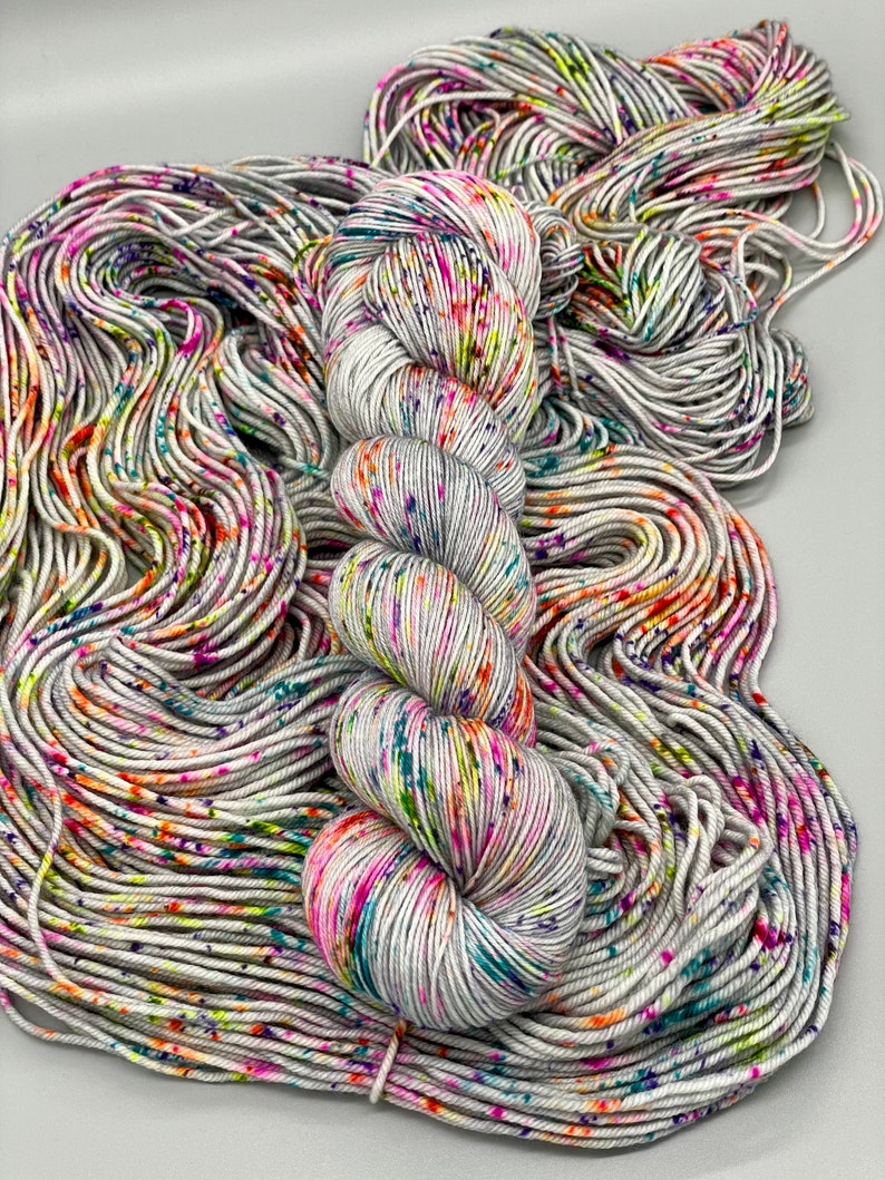 Hand Dyed Yarn, Superwash Merino wool, Gray base, Rainbow Speckles, Fingering Weight, Sport, DK, Worsted Weight Its Time to Party image 7