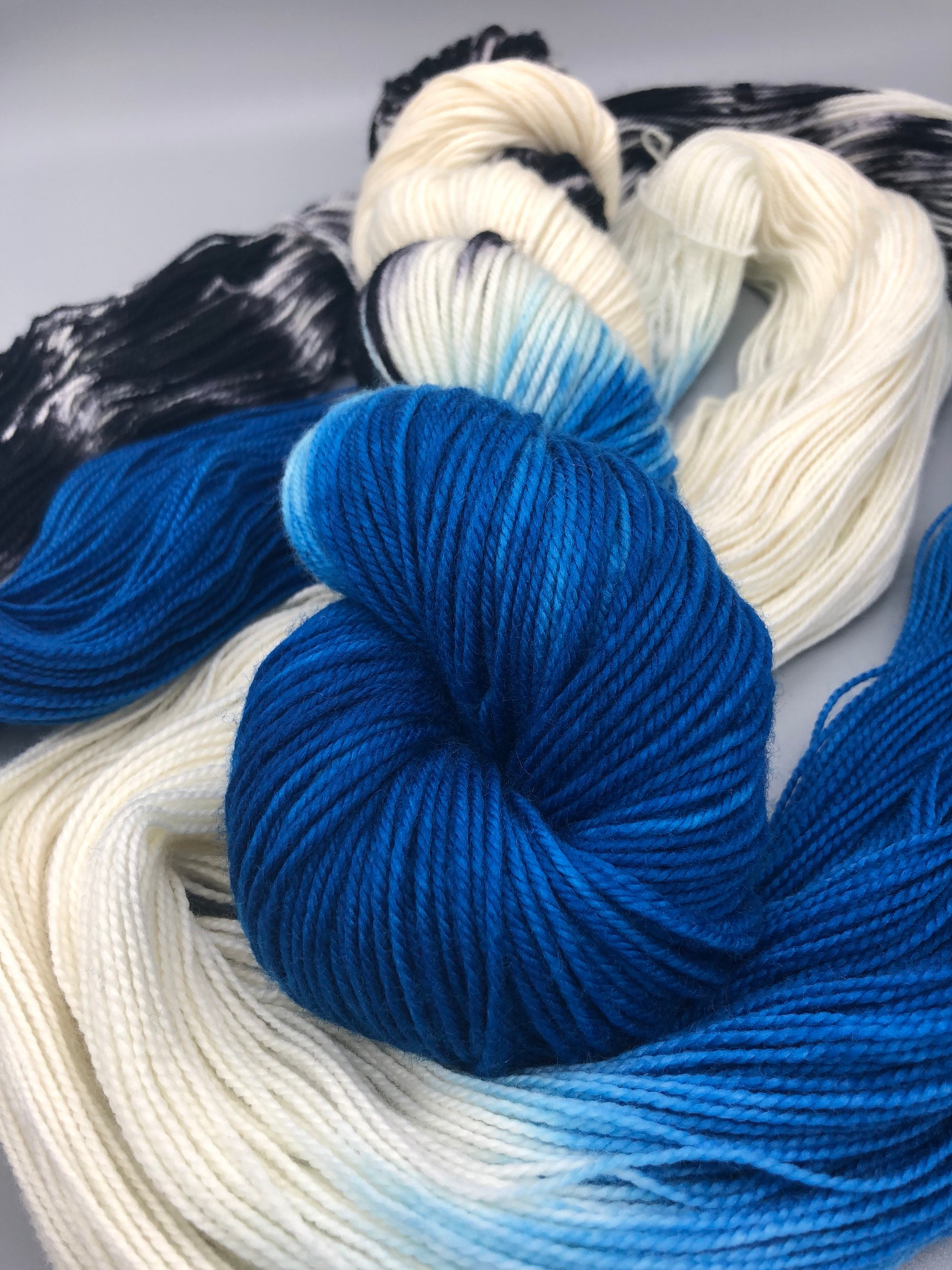Hand Dyed Yarn, Superwash Merino Wool, Blue, Black, White