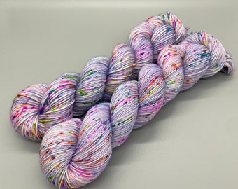 Hand Dyed Yarn, Superwash Merino wool, Purple base , Rainbow Speckles, Fingering Weight, Sport, DK, Worsted Weight - Lavender Lights