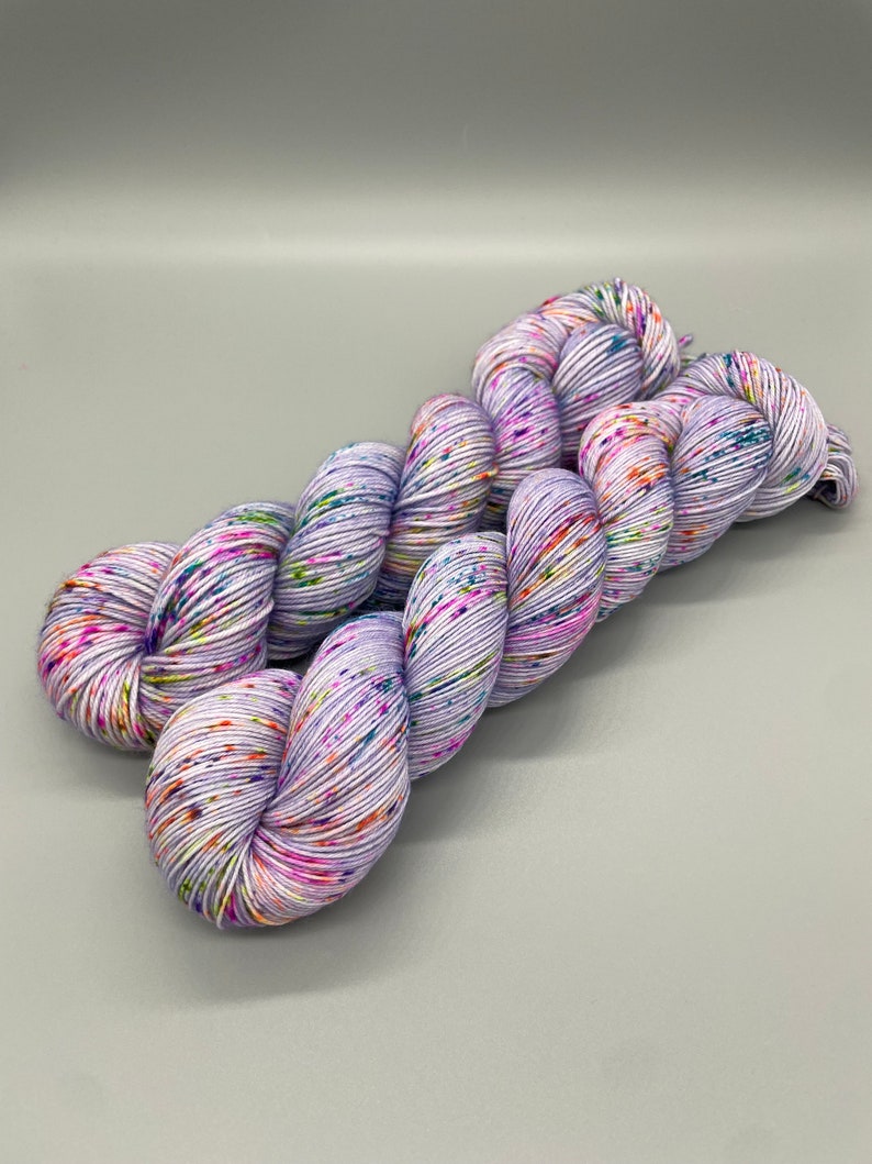 Hand Dyed Yarn, Superwash Merino wool, Purple base , Rainbow Speckles, Fingering Weight, Sport, DK, Worsted Weight Lavender Lights image 1