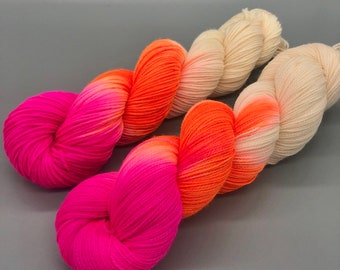 Hand Dyed Yarn, Superwash Merino wool, White, Fuschia, Orange, Fingering Weight, Sport, DK, Worsted Weight - Plumeria