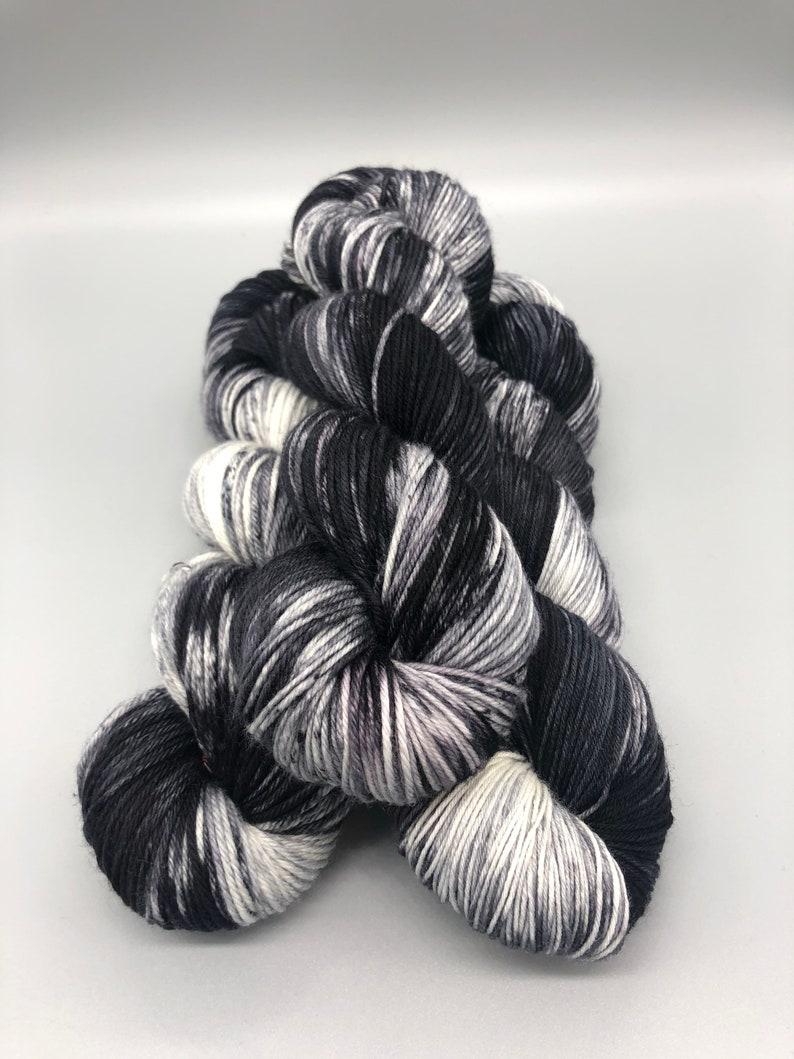 Hand Dyed Yarn, Superwash Merino wool, Black, Gray, White, Fingering Weight, Sport, DK, Worsted Weight, Lightly Speckled Midnight Moon image 2