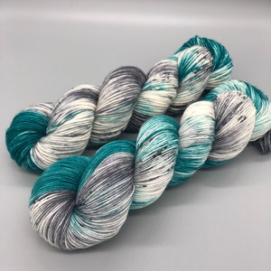 Hand Dyed Yarn, Superwash Merino wool, Teal, Gray, Black, Speckled, Fingering Weight, Sport, DK, Worsted Weight - Cold as Ice