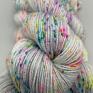 Hand Dyed Yarn, Superwash Merino wool, Gray base, Rainbow Speckles, Fingering Weight, Sport, DK, Worsted Weight Its Time to Party image 6