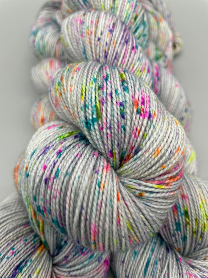 Hand Dyed Yarn, Superwash Merino wool, Gray base, Rainbow Speckles, Fingering Weight, Sport, DK, Worsted Weight Its Time to Party image 6
