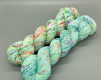 Hand Dyed Yarn, Superwash Merino wool, Light Blue base, Rainbow Speckles, Fingering Weight, Sport, DK, Worsted Weight - Pool Party!