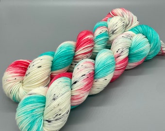 Hand Dyed Yarn, Superwash Merino wool, Aqua, Pink, Black Speckles, Variegated Yarn, Fingering Weight, Sport, DK, Worsted - Summer Ice