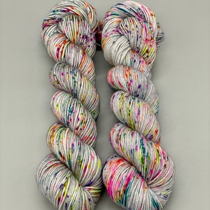 Hand Dyed Yarn, Superwash Merino wool, Gray base, Rainbow Speckles, Fingering Weight, Sport, DK, Worsted Weight Its Time to Party image 2