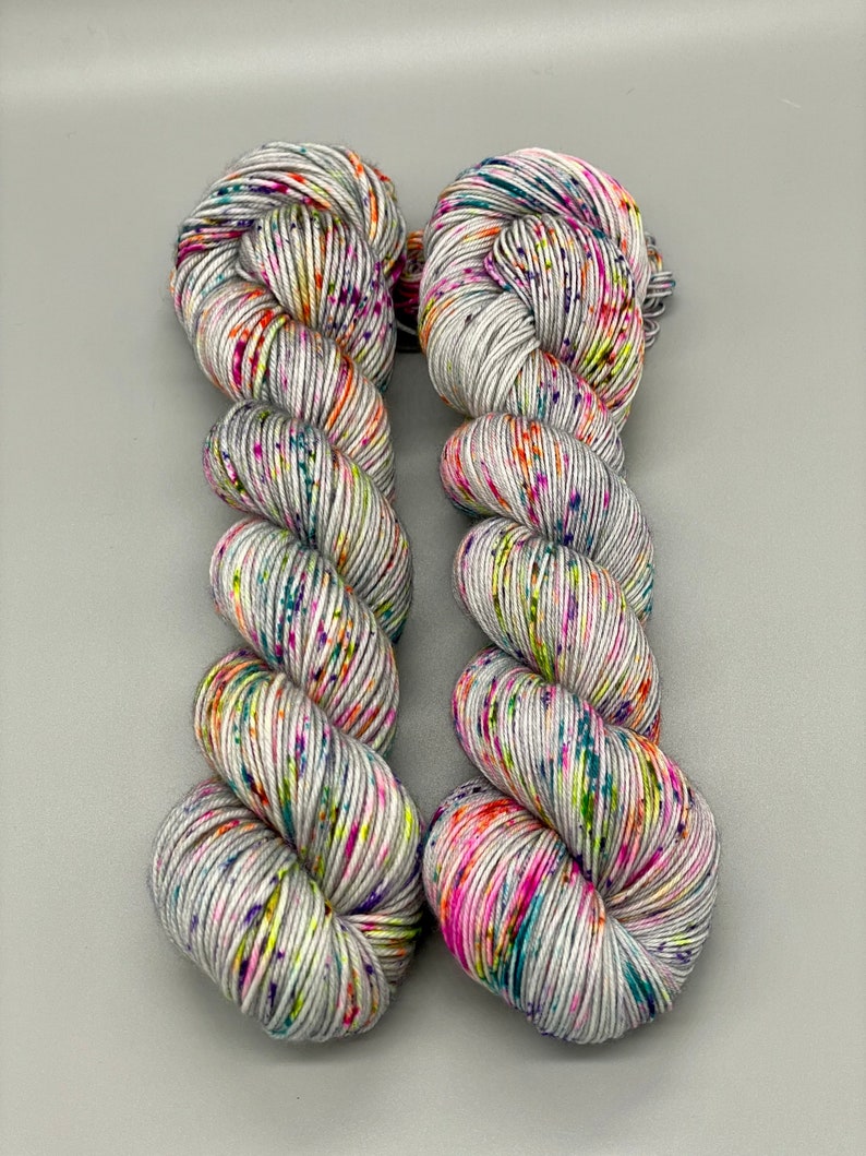 Hand Dyed Yarn, Superwash Merino wool, Gray base, Rainbow Speckles, Fingering Weight, Sport, DK, Worsted Weight Its Time to Party image 2
