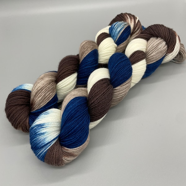 Hand Dyed Yarn, Superwash Merino wool, Browns, Blue, White, Fingering Weight, Sport, DK, Worsted Weight - Rascal