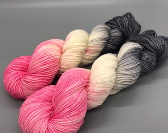 Hand Dyed Yarn, Superwash Merino wool, Pink, White, Gray, Fingering Weight, Sport, DK, Worsted Weight - Dorm Room