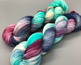 Hand Dyed Yarn, Superwash Merino wool, Aqua, Navy, Pink, White, Variegated Yarn, Fingering Weight, Sport, DK, Worsted - Winter Wonderland