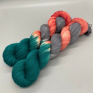 Hand Dyed Yarn, Superwash Merino wool, Teal, Peach, Grey, Fingering Weight, Sport, DK, Worsted Weight Shark Island image 1