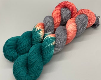 Hand Dyed Yarn, Superwash Merino wool, Teal, Peach, Grey, Fingering Weight, Sport, DK, Worsted Weight - Shark Island