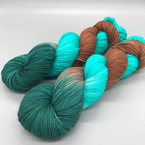 Hand Dyed Yarn, Superwash Merino wool, Green, Aqua, Brown, Fingering Weight, Sport, DK, Worsted Weight - Sea Glass on the Beach