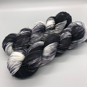 Hand Dyed Yarn, Superwash Merino wool, Black, Gray, White, Fingering Weight, Sport, DK, Worsted Weight, Lightly Speckled Midnight Moon image 1