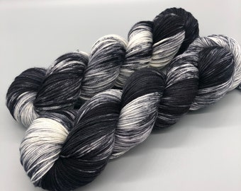 Hand Dyed Yarn, Superwash Merino wool, Black, Gray, White, Fingering Weight, Sport, DK, Worsted Weight, Lightly Speckled - Midnight Moon